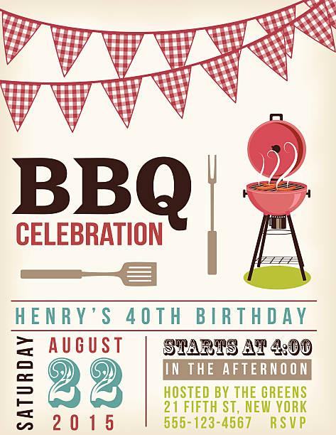 Retro BBQ Invitation template with checkered flags above. Retro BBQ Invitation Template. There are two rows of checkered ref flag decorations at the top. There is a retro grill and a fork and BBQ spatula.  family reunion stock illustrations