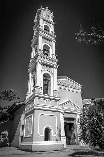 Beautiful old Spanish chapel and bell tower near Playa del Carmen, Mexico