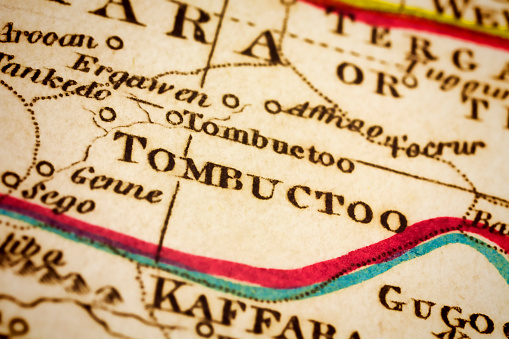Timbuktu Region on an old 1810's map. Selective focus and Canon EOS 5D Mark II with MP-E 65mm macro lens.