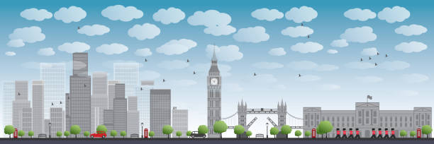 illustrazioni stock, clip art, cartoni animati e icone di tendenza di skyline di londra con grattacieli e nuvole - telephone booth telephone panoramic red