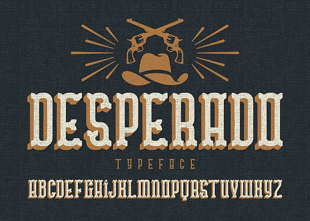 "Desperado" typeface. Wild west style font with cowboy hat and two guns. old guns stock illustrations