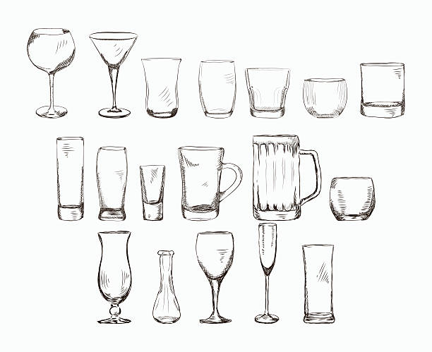 Set of different glass , hand drawn illustration in sketch style. Set of different glass , hand drawn illustration in sketch style. Vector eps10. cocktail wine bottle glass alcohol stock illustrations