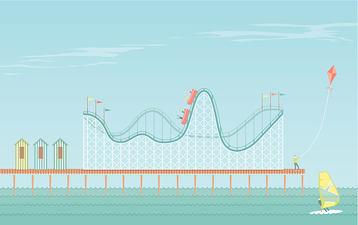 An illustrated scene of boardwalk on a bright day with rollercoaster and people having fun at the seaside. Each element of the scene is on a separate layer and can be easily edited.