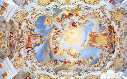 Genova - ling fresco of Choir of angels with the music instruments in the church Chiesa di Santa Caterina by Andrea Semino (1525 - 1595).