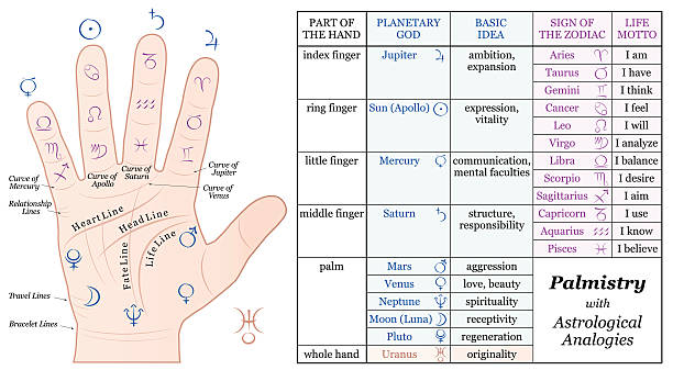Palmistry Astrology Basic Analogies Chart Palmistry Astrology Analogy Chart - accurate description of the corresponding planetary gods and zodiac signs along with their basic ideas and life mottos. Isolated vector illustration on white background. venus planet stock illustrations