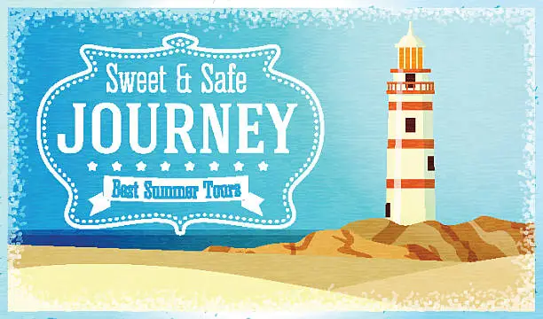 Vector illustration of Journeys and tours advertisement with ocean beacon on the rock