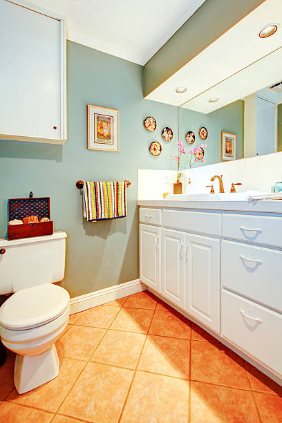 istock Bright cozy bathroom with white wood cabinets 470355355