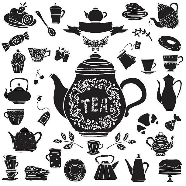 ilustrações, clipart, desenhos animados e ícones de festa do chá mão desenhada ícones preto conjunto de silhuetas - tea party illustrations