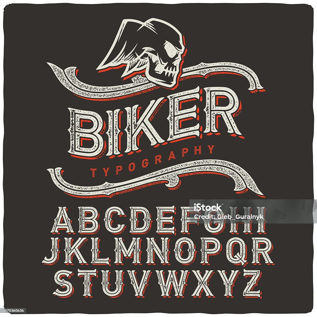 Biker Font Biker style dirty letters alphabet with wings skull emblem. Dark Background. Typescript stock vector