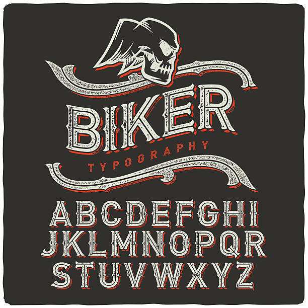 Biker Font Biker style dirty letters alphabet with wings skull emblem. Dark Background. biker stock illustrations