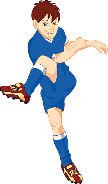 illustrazioni stock, clip art, cartoni animati e icone di tendenza di ragazzo carino calciatore - soccer action child purple