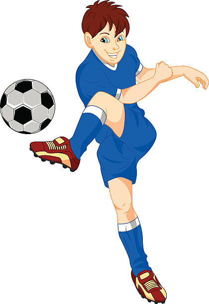 süße junge fußball-spieler - soccer action child purple stock-grafiken, -clipart, -cartoons und -symbole