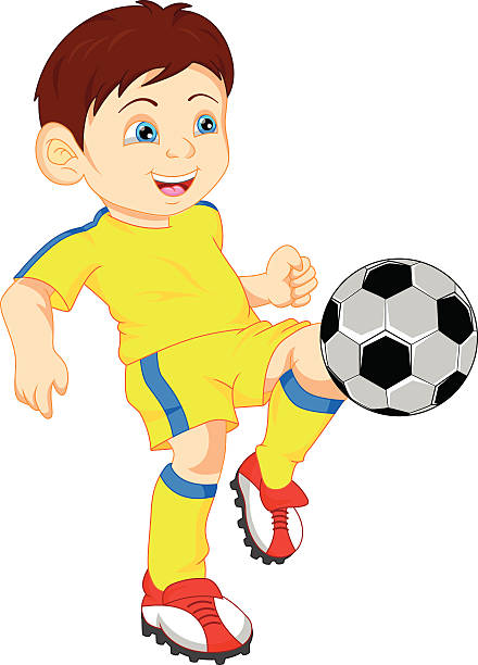 illustrazioni stock, clip art, cartoni animati e icone di tendenza di ragazzo carino calciatore - soccer action child purple