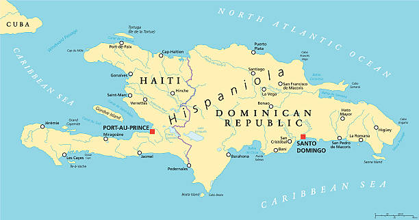 Hispaniola Political Map with Haiti and Dominican Republic Hispaniola Political Map with Haiti and Dominican Republic, located in the Caribbean island group, the Greater Antilles. With capitals, national borders, important cities, rivers and lakes. English labeling and scaling. Illustration. dominican republic map stock illustrations