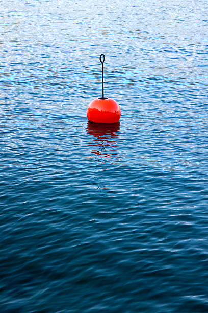istock Red bouy on a calm lake 470364758