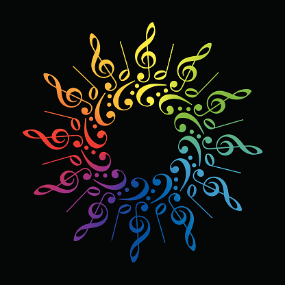 Treble and bass clefs and scores forming a radial rainbow colored flower or star. Isolated vector illustration on black background.