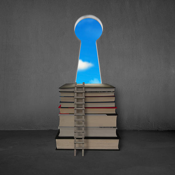 istock Stack books with wooden ladder, key shape door and sky 470365727