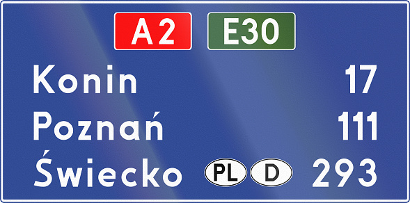 Distance sign in poland on motorway.