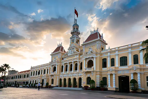 HOCHIMINH city, VIETNAM - FEB 27,2015 : The Hochiminh city hall is a colonial architecture style in vietnam
