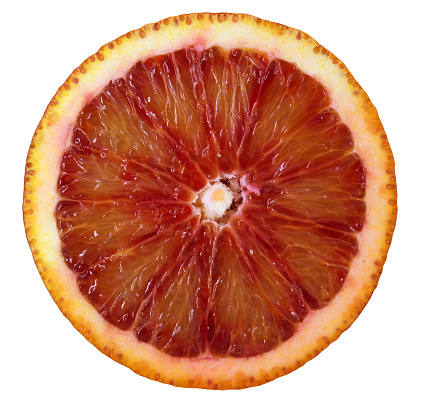 Slice of red blood orange isolated on white. Clipping path included.