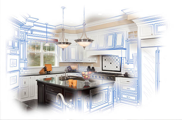 красивые custom kitchen design drawing and photo комбинации - custom built стоковые фото и изображения