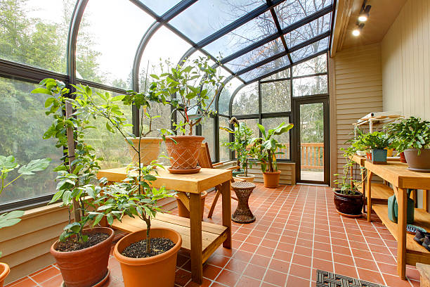 частный дом зеленый дом, солнечная комната - conservatory стоковые фото и изображения