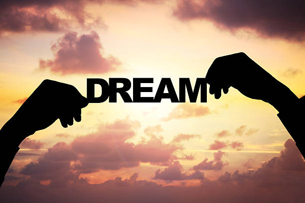 Cropped image of silhouette businessman's hands holding DREAM word against cloudy sky during sunset