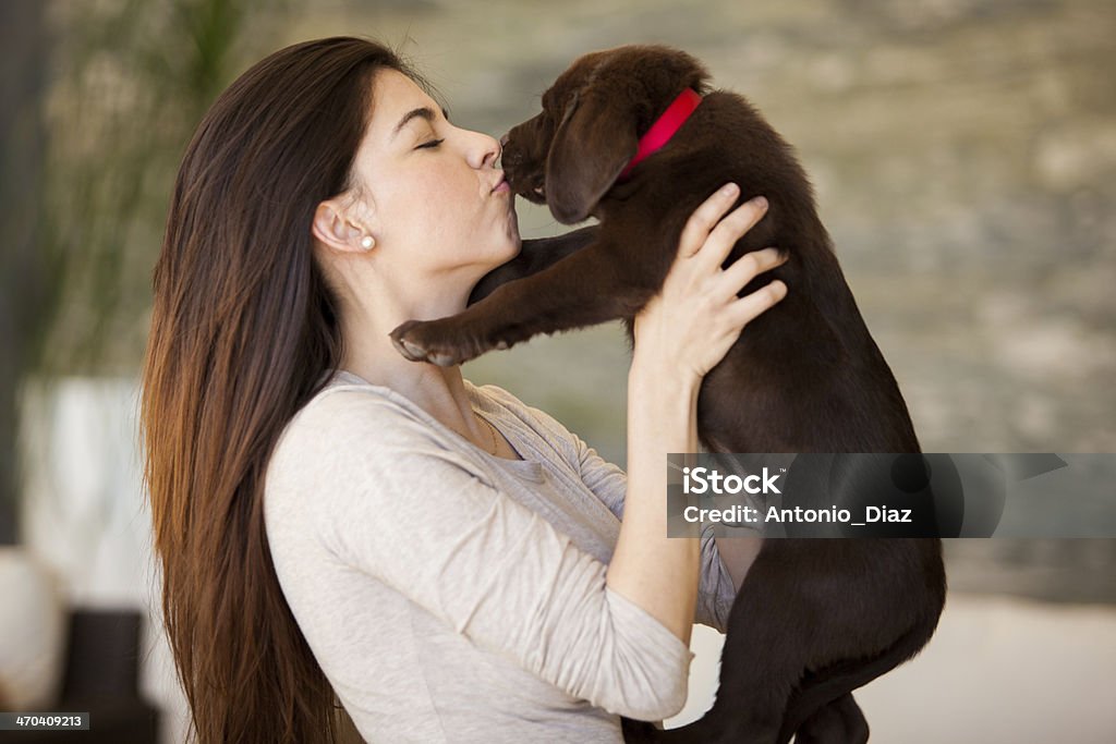 Give me a kiss! Cute young brunette getting some puppy love from her cute Labrador Picking Up Stock Photo