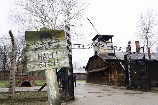 cancello d'ingresso per auschwitz campo di concentramento - auschwitz foto e immagini stock