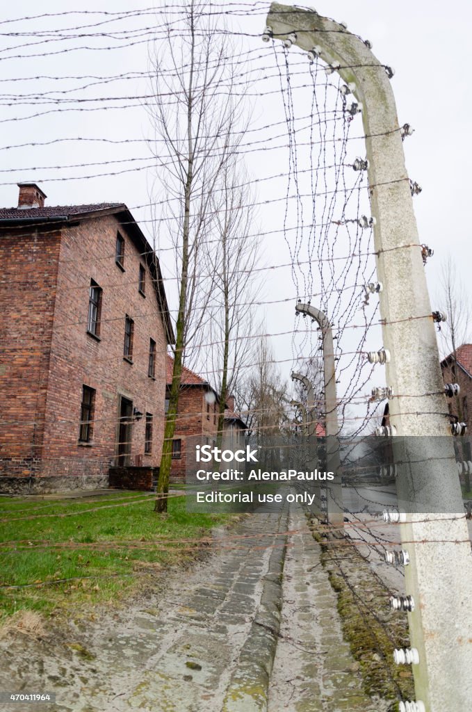 Original brick barracks at the Auschwitz in Poland Oswiecim, Poland - April 3, 2015: Original brick barracks at the Auschwitz II / Birkenau concentration camp in Oswiecim, Poland.  2015 Stock Photo