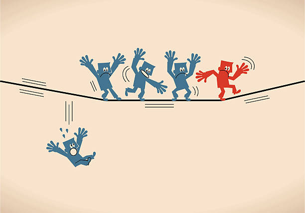 ilustraciones, imágenes clip art, dibujos animados e iconos de stock de grupo de empresarios mantener el equilibrio caminando por cuerda floja - tightrope walking circus skill