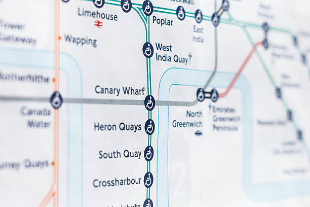 Close Up of London DLR on Map A close up shot of the Docklands Light Railway underground tube line as diagrammed on an official Transport for London map. london docklands stock pictures, royalty-free photos & images