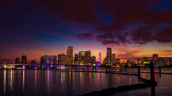 Miami city skyline at dusk with urban skyscrapers with reflection, Florida