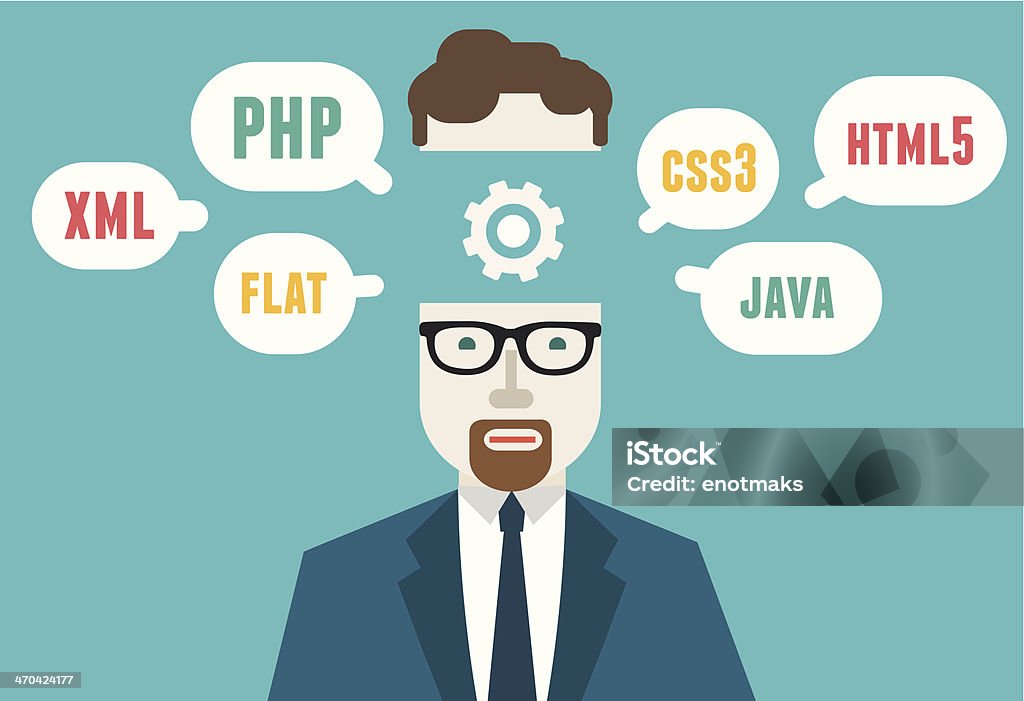 Flat Vector Illustration Of Programmer And Process Coding And ...