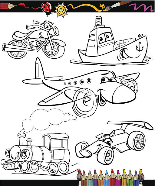 transport set for coloring book Coloring Book or Page Cartoon Illustration Set of Black and White Transportation or Vehicles Characters for Children clip art of how to draw a train stock illustrations