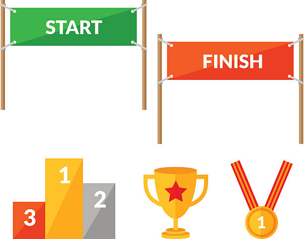 спортивные соревнования плоский значок набор с начала и конца - finish line stock illustrations