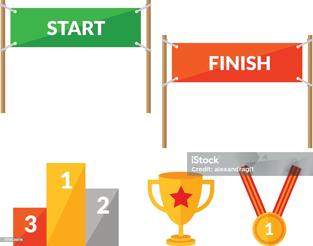 Sport competition flat icon set with Start Finish Set of flat style icons about sport competition with Start and  Finish banners, pedestal, cup and winning medal. Finish Line stock vector