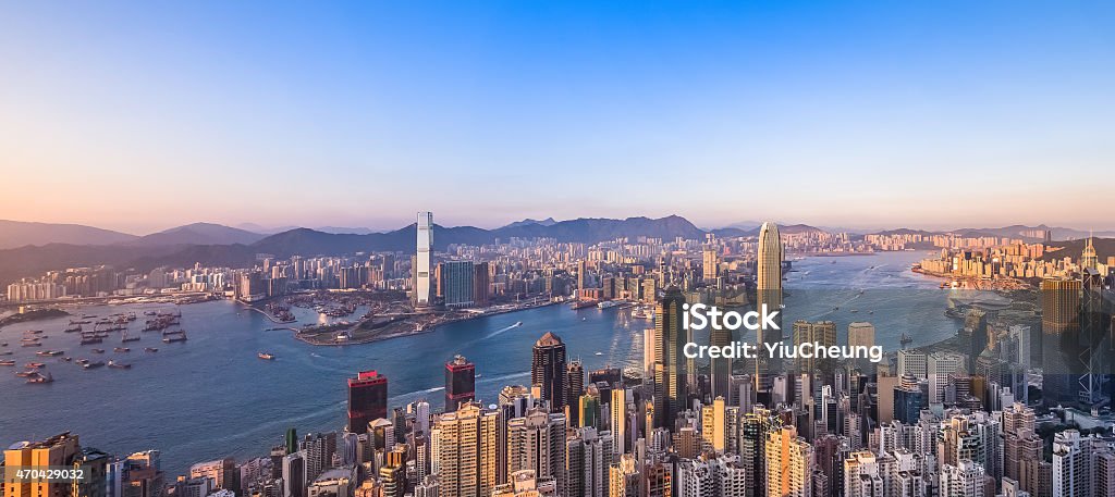Aerial panorama of Hong Kong's Victoria harbour at sunset Hong Kong Victoria harbor  scenes under sunset Hong Kong Stock Photo