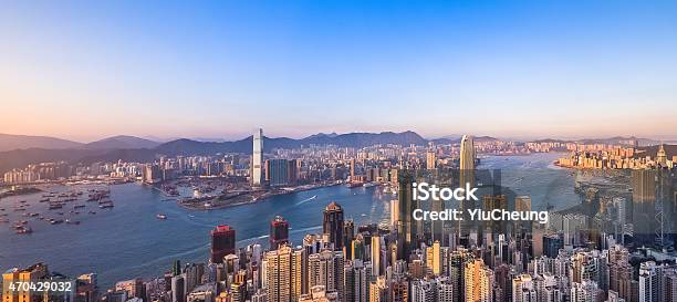 Aerial Panorama Of Hong Kongs Victoria Harbour At Sunset Stock Photo - Download Image Now