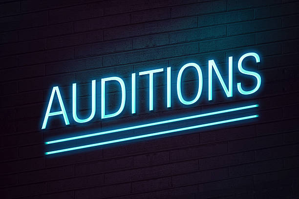 Audition neon sign on wall Blue neon sign with comedy text on wall audition photos stock pictures, royalty-free photos & images