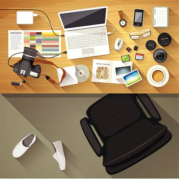 Vector illustration of Designer desk photographer, Top view of desk background