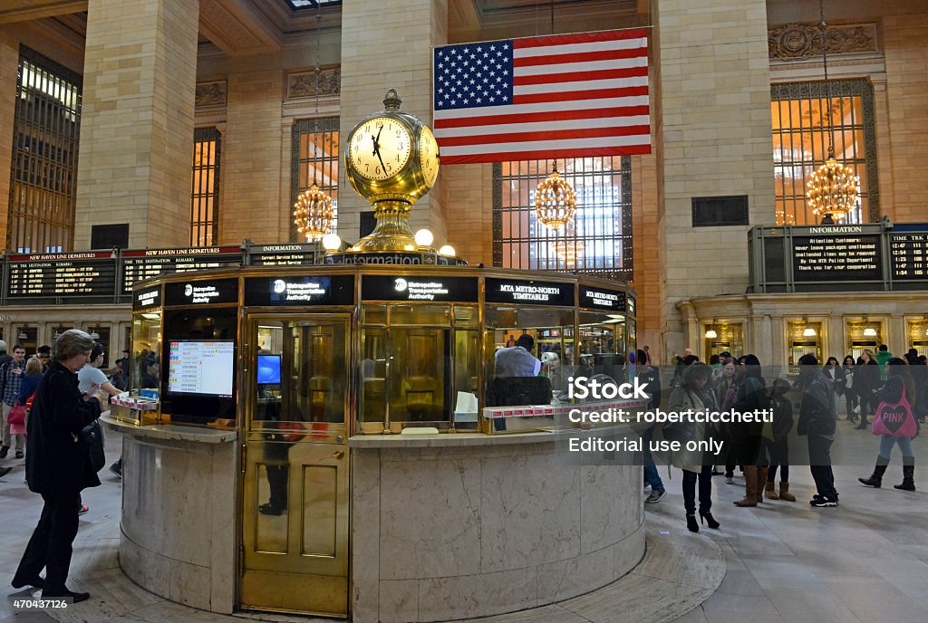 The Iconic Grand Central Station Clock, Manhattan, New York New York, USA. April 12, 2015. The Iconic Grand Central Station Clock near the information booth is over 100yrs old and is a Manhattan landmark, meeting place and filming site of countless movies. 2015 Stock Photo