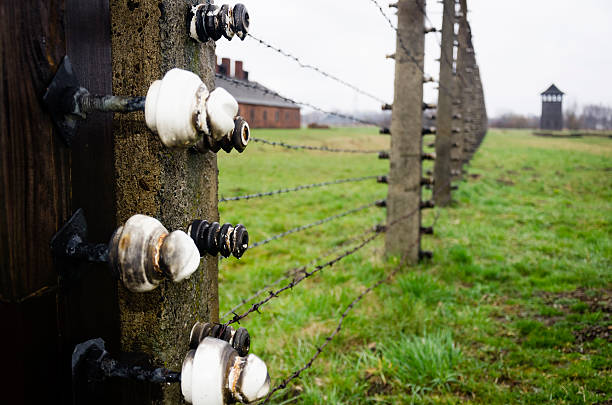 Oswiecim, Poland - April 3, 2015: The Auschwitz concentration camp is located about 50 km from Krakow. The picture shows details of electrical fence that surrounds the camp Auschwitz II Birkenau