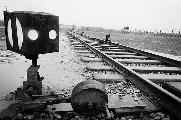 línea de ferrocarril de llegar en camp auschwitz ii; birkenau en polonia - adolf hitler displaced persons camp concentration fascism fotografías e imágenes de stock