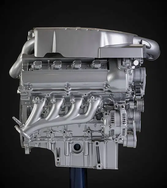 Right side view of a supercharged v-8 engine.  Show engine on a stand in studio