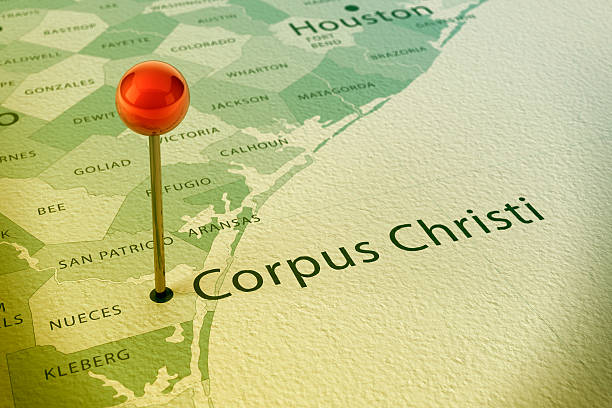 Corpus Christi Map City Straight Pin Vintage 3D Render of a Straight Pin at the Position of the City of Corpus Christi on a Map of Texas. Vintage Color Style. Very high resolution available!   corpus christi map stock pictures, royalty-free photos & images