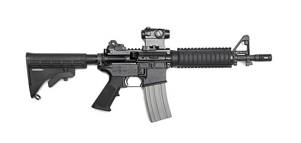 AR-15 10,5" (M4A1 CQBR) tactical carbine AR-15 10,5" (M4A1 CQBR, Mk18 Mod.0) tactical carbine with the micro collimator (red dot) sight. Isolated on a white background. Weapon series. carbine stock pictures, royalty-free photos & images