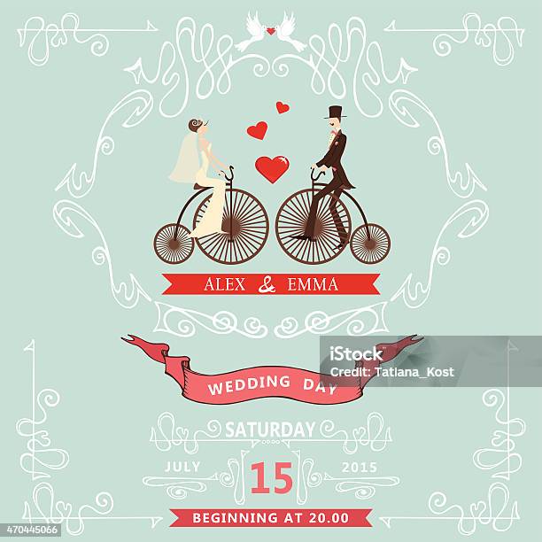 Wedding Invitationñartoon Bride Groom Bicycle Swirl Elements Stock Illustration - Download Image Now