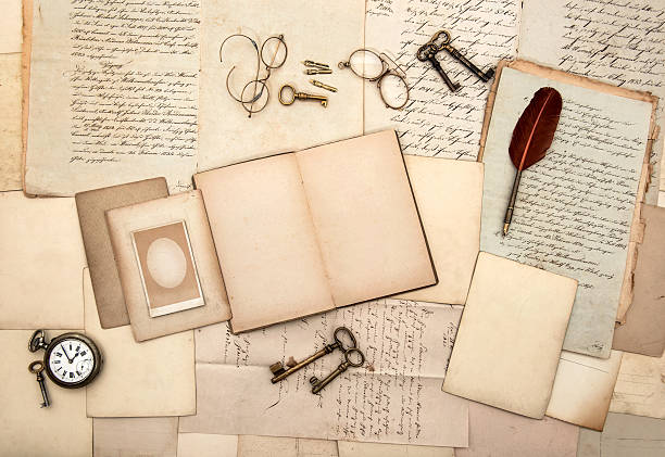 istock open book, old letters, post cards, glasses, keys, clock 470445961