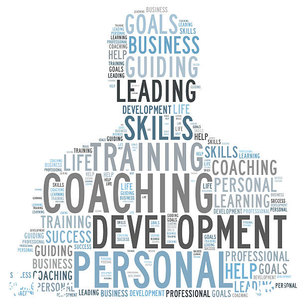 Coaching word cloud shaped as a person A word cloud of business motivation terms shaped to look like a human silhouette.  The letters appear in blue and gray text. word cloud photos stock pictures, royalty-free photos & images